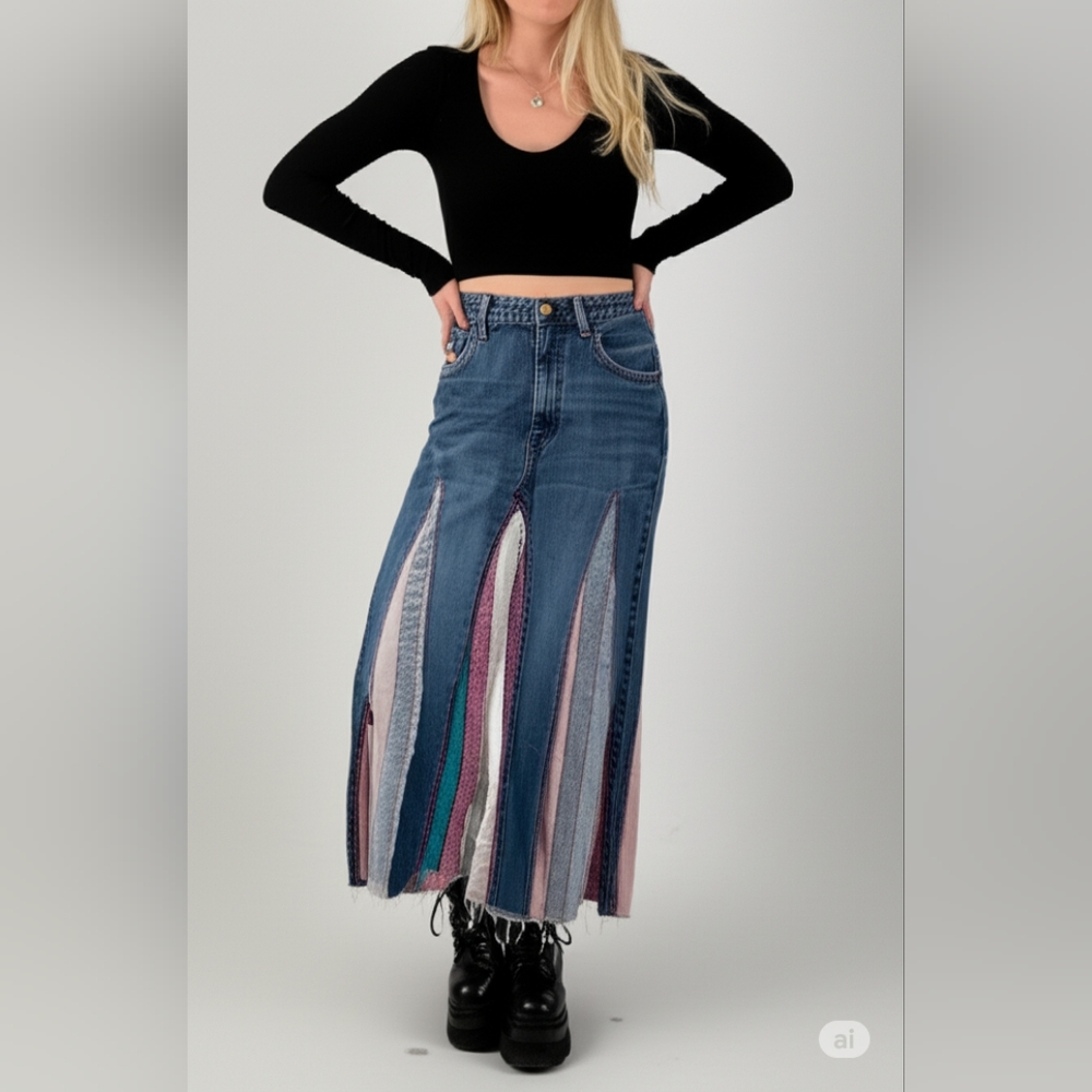 Upcycled Maxi Skirt  Blue Denim Jeans with Floral & Geometric Patterns
